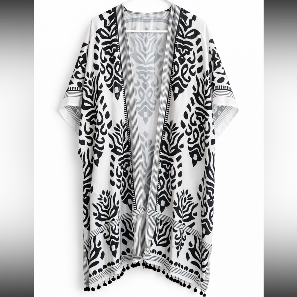 Black and White Boho Kimono | Pom Trim | Lightweight Layer